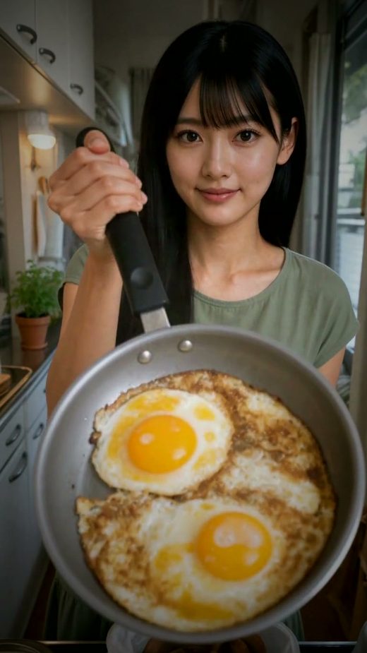 Hana holding up a pan with two fried eggs in it.