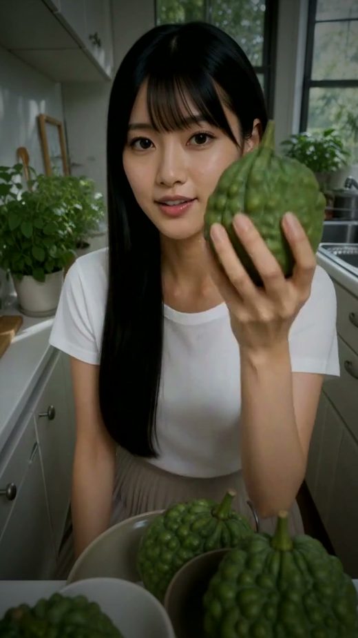 Hana holding an unfamiliar green fruit up to the camera.